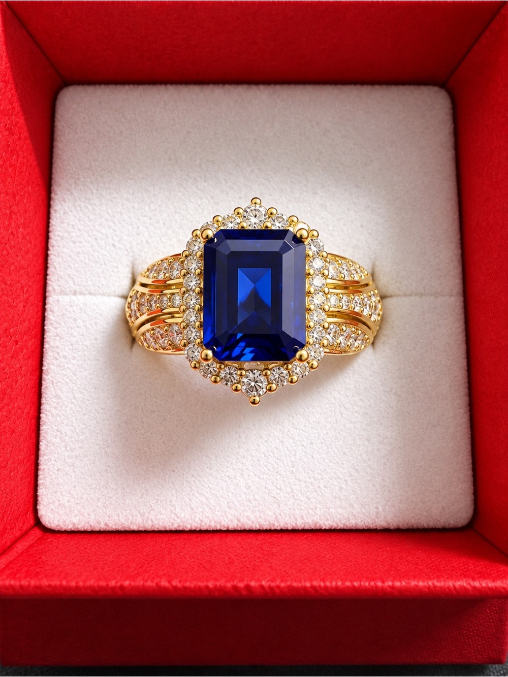 Gold-Plated Ring with Deep Blue Moissanite Center Stone and Crystal Halo
